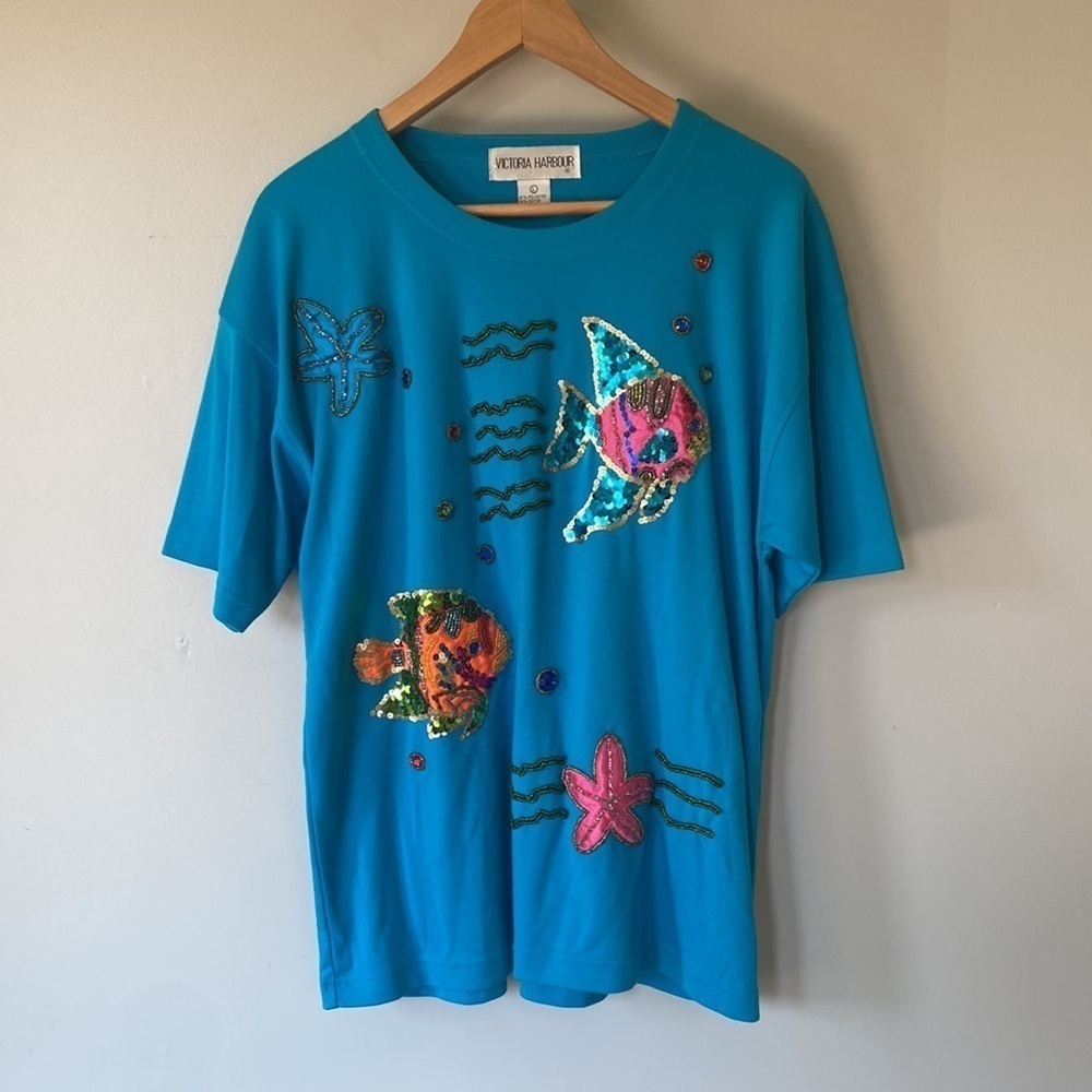 Vintage embroidered bedazzled, retro fish, T-shirt top